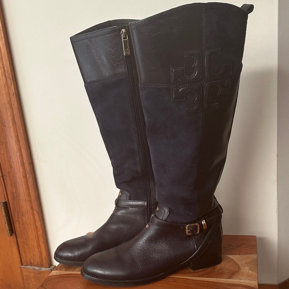 Tory Burch Navy Suede & Black Leather Knee Boots